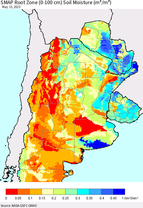 Southern South America SMAP Root Zone (0-100 cm) Soil Moisture (m³/m³) Thematic Map For 5/11/2023 - 5/15/2023