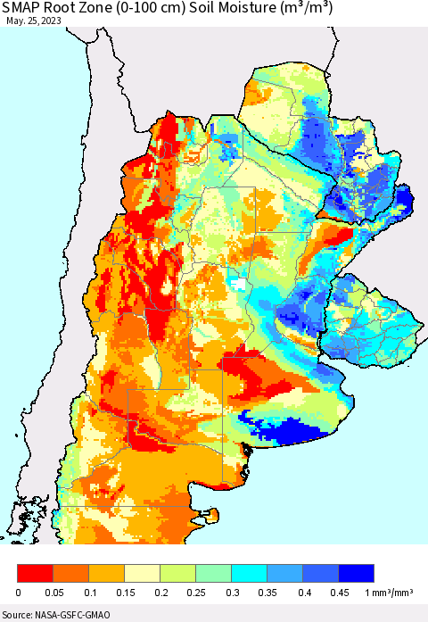 Southern South America SMAP Root Zone (0-100 cm) Soil Moisture (m³/m³) Thematic Map For 5/21/2023 - 5/25/2023