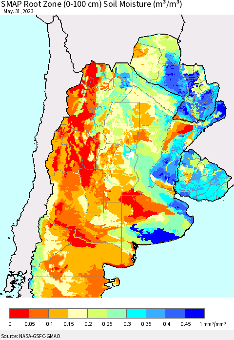 Southern South America SMAP Root Zone (0-100 cm) Soil Moisture (m³/m³) Thematic Map For 5/26/2023 - 5/31/2023