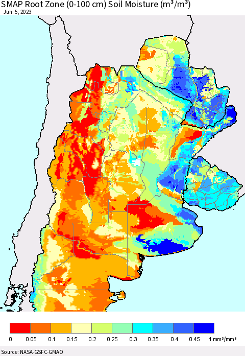 Southern South America SMAP Root Zone (0-100 cm) Soil Moisture (m³/m³) Thematic Map For 6/1/2023 - 6/5/2023