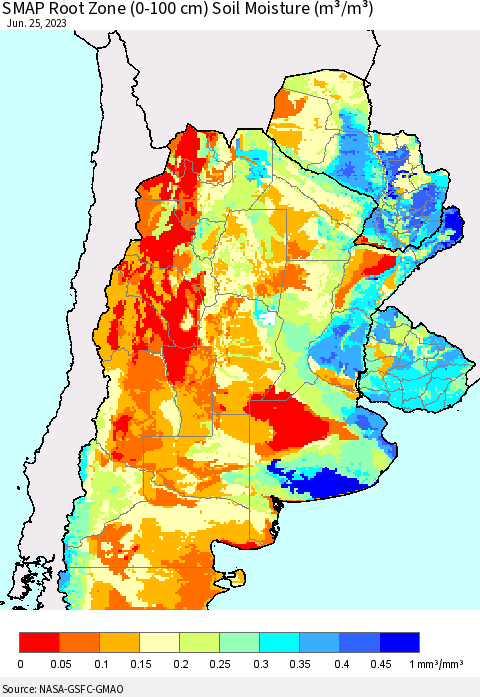 Southern South America SMAP Root Zone (0-100 cm) Soil Moisture (m³/m³) Thematic Map For 6/21/2023 - 6/25/2023