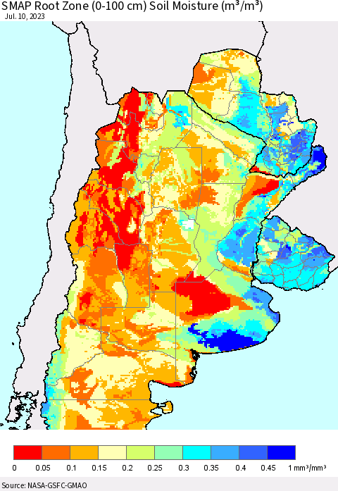 Southern South America SMAP Root Zone (0-100 cm) Soil Moisture (m³/m³) Thematic Map For 7/6/2023 - 7/10/2023