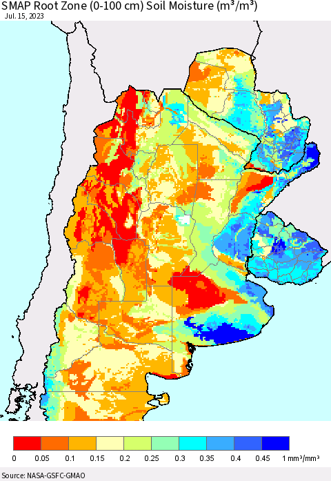 Southern South America SMAP Root Zone (0-100 cm) Soil Moisture (m³/m³) Thematic Map For 7/11/2023 - 7/15/2023