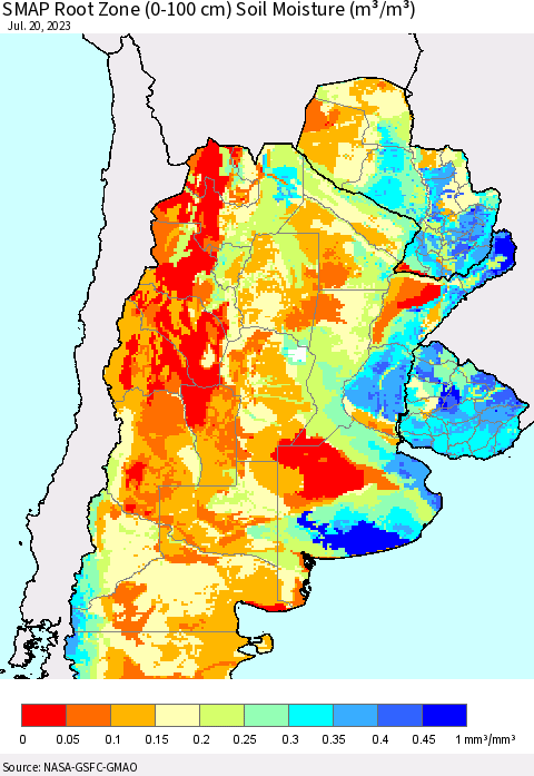 Southern South America SMAP Root Zone (0-100 cm) Soil Moisture (m³/m³) Thematic Map For 7/16/2023 - 7/20/2023