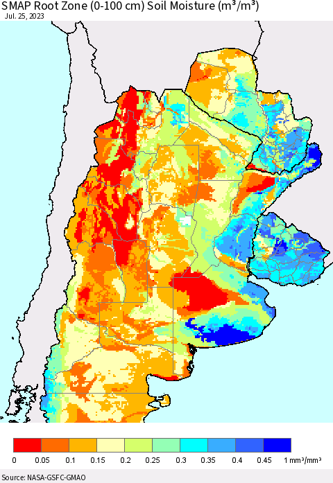 Southern South America SMAP Root Zone (0-100 cm) Soil Moisture (m³/m³) Thematic Map For 7/21/2023 - 7/25/2023