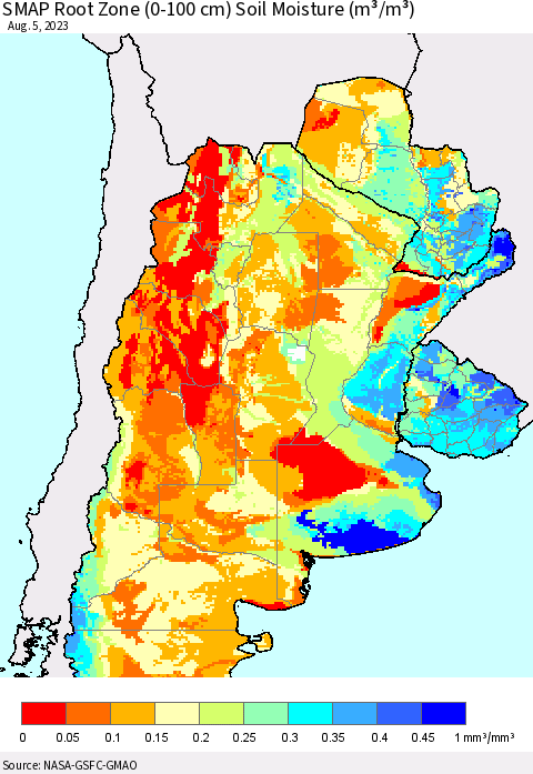 Southern South America SMAP Root Zone (0-100 cm) Soil Moisture (m³/m³) Thematic Map For 8/1/2023 - 8/5/2023