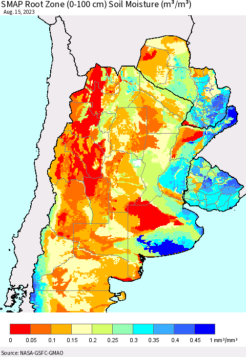Southern South America SMAP Root Zone (0-100 cm) Soil Moisture (m³/m³) Thematic Map For 8/11/2023 - 8/15/2023