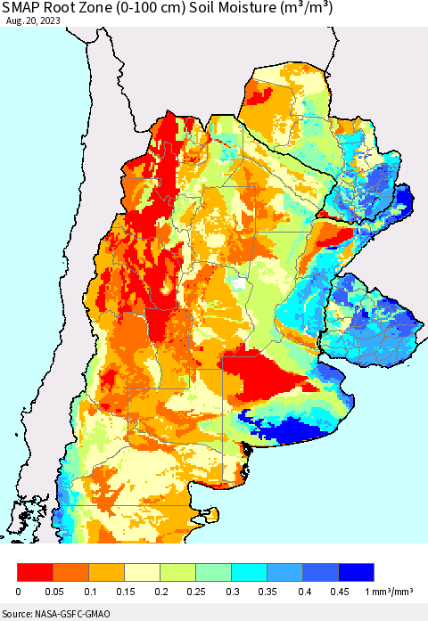 Southern South America SMAP Root Zone (0-100 cm) Soil Moisture (m³/m³) Thematic Map For 8/16/2023 - 8/20/2023