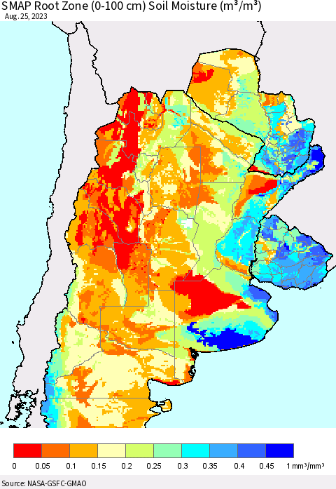 Southern South America SMAP Root Zone (0-100 cm) Soil Moisture (m³/m³) Thematic Map For 8/21/2023 - 8/25/2023