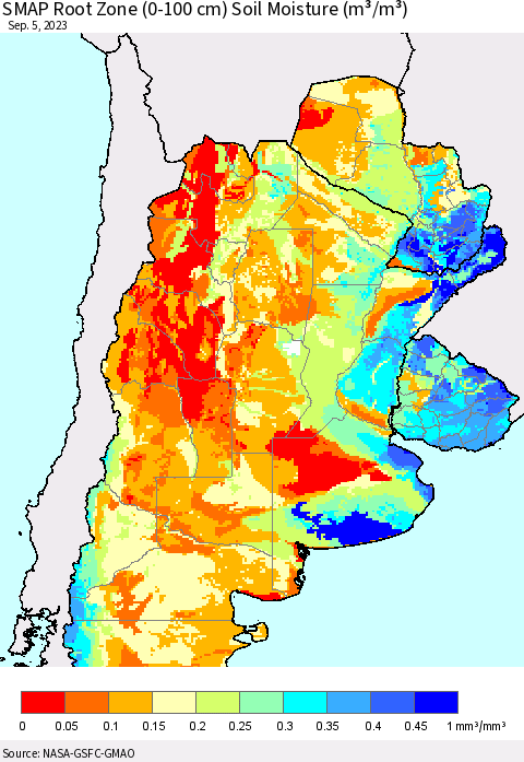 Southern South America SMAP Root Zone (0-100 cm) Soil Moisture (m³/m³) Thematic Map For 9/1/2023 - 9/5/2023