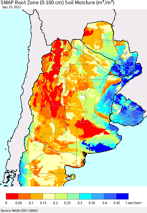 Southern South America SMAP Root Zone (0-100 cm) Soil Moisture (m³/m³) Thematic Map For 9/6/2023 - 9/10/2023