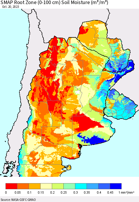 Southern South America SMAP Root Zone (0-100 cm) Soil Moisture (m³/m³) Thematic Map For 10/16/2023 - 10/20/2023
