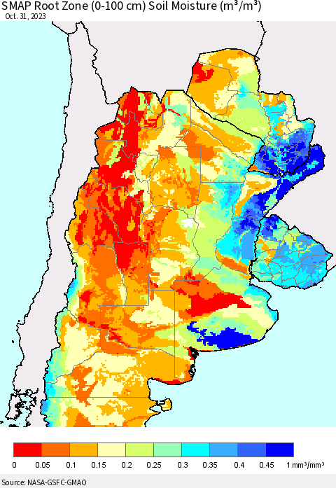Southern South America SMAP Root Zone (0-100 cm) Soil Moisture (m³/m³) Thematic Map For 10/26/2023 - 10/31/2023