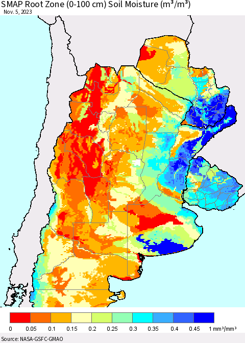 Southern South America SMAP Root Zone (0-100 cm) Soil Moisture (m³/m³) Thematic Map For 11/1/2023 - 11/5/2023