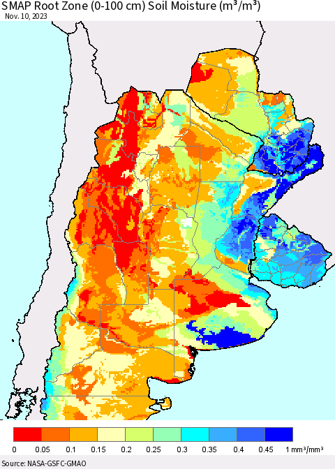 Southern South America SMAP Root Zone (0-100 cm) Soil Moisture (m³/m³) Thematic Map For 11/6/2023 - 11/10/2023