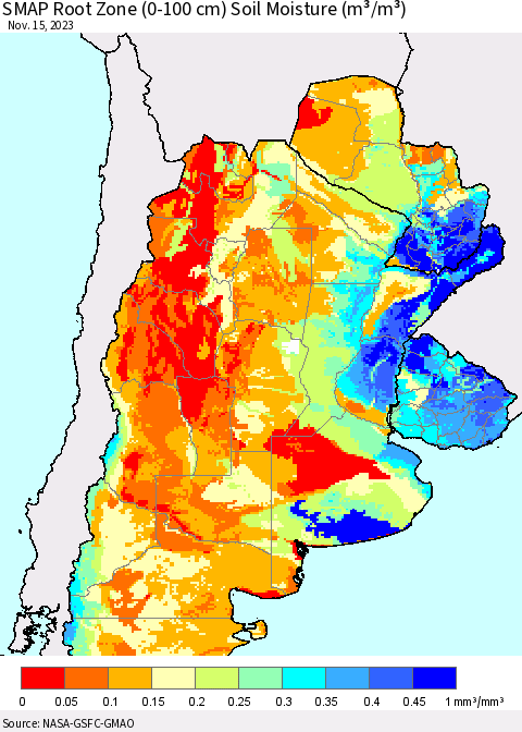 Southern South America SMAP Root Zone (0-100 cm) Soil Moisture (m³/m³) Thematic Map For 11/11/2023 - 11/15/2023