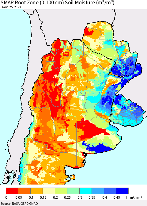 Southern South America SMAP Root Zone (0-100 cm) Soil Moisture (m³/m³) Thematic Map For 11/21/2023 - 11/25/2023