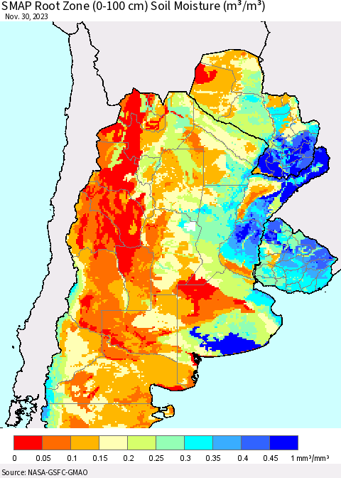 Southern South America SMAP Root Zone (0-100 cm) Soil Moisture (m³/m³) Thematic Map For 11/26/2023 - 11/30/2023