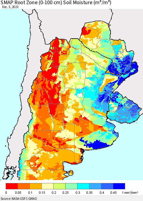 Southern South America SMAP Root Zone (0-100 cm) Soil Moisture (m³/m³) Thematic Map For 12/1/2023 - 12/5/2023
