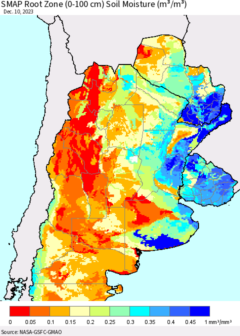 Southern South America SMAP Root Zone (0-100 cm) Soil Moisture (m³/m³) Thematic Map For 12/6/2023 - 12/10/2023