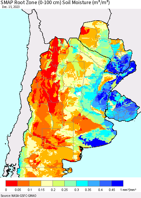 Southern South America SMAP Root Zone (0-100 cm) Soil Moisture (m³/m³) Thematic Map For 12/11/2023 - 12/15/2023