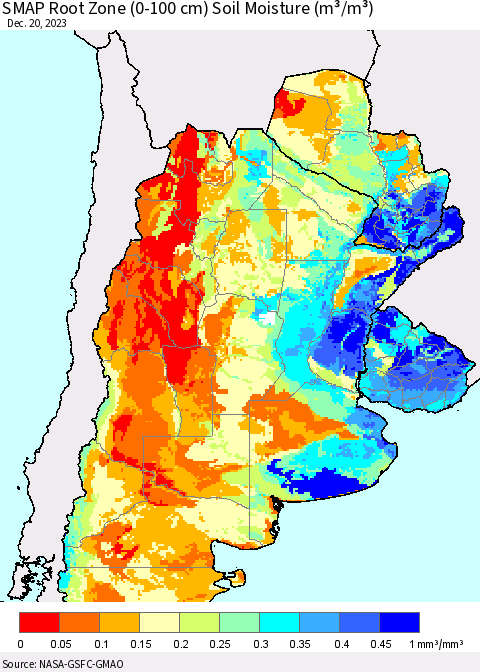 Southern South America SMAP Root Zone (0-100 cm) Soil Moisture (m³/m³) Thematic Map For 12/16/2023 - 12/20/2023