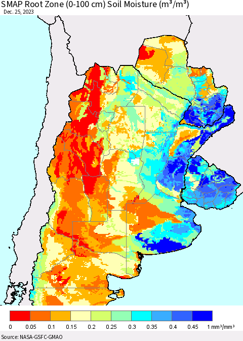 Southern South America SMAP Root Zone (0-100 cm) Soil Moisture (m³/m³) Thematic Map For 12/21/2023 - 12/25/2023