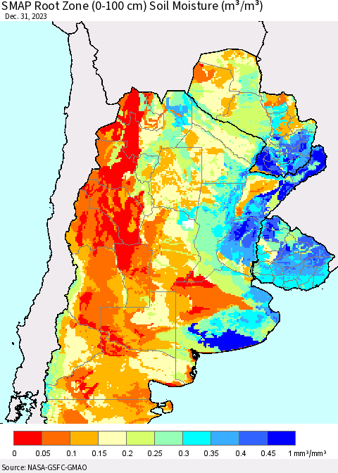 Southern South America SMAP Root Zone (0-100 cm) Soil Moisture (m³/m³) Thematic Map For 12/26/2023 - 12/31/2023