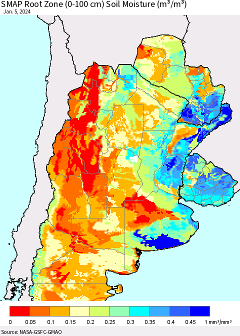 Southern South America SMAP Root Zone (0-100 cm) Soil Moisture (m³/m³) Thematic Map For 1/1/2024 - 1/5/2024