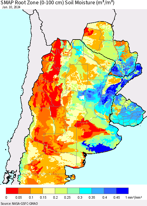 Southern South America SMAP Root Zone (0-100 cm) Soil Moisture (m³/m³) Thematic Map For 1/6/2024 - 1/10/2024