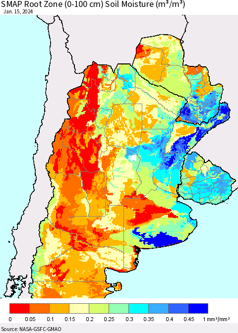Southern South America SMAP Root Zone (0-100 cm) Soil Moisture (m³/m³) Thematic Map For 1/11/2024 - 1/15/2024