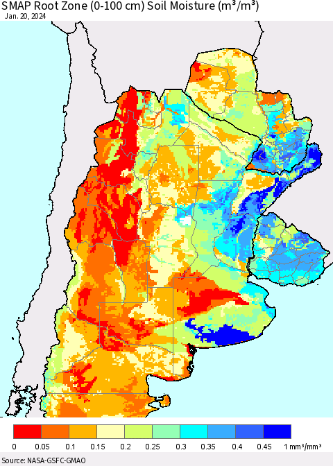 Southern South America SMAP Root Zone (0-100 cm) Soil Moisture (m³/m³) Thematic Map For 1/16/2024 - 1/20/2024
