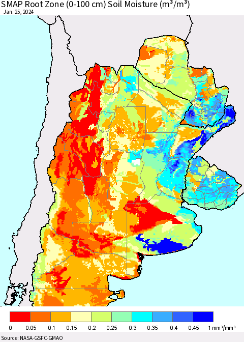 Southern South America SMAP Root Zone (0-100 cm) Soil Moisture (m³/m³) Thematic Map For 1/21/2024 - 1/25/2024