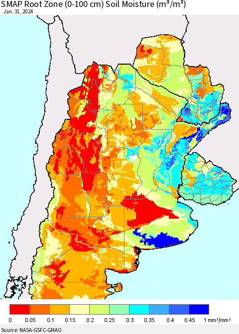 Southern South America SMAP Root Zone (0-100 cm) Soil Moisture (m³/m³) Thematic Map For 1/26/2024 - 1/31/2024