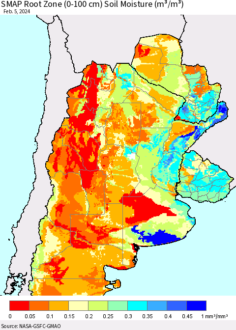 Southern South America SMAP Root Zone (0-100 cm) Soil Moisture (m³/m³) Thematic Map For 2/1/2024 - 2/5/2024