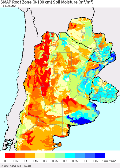 Southern South America SMAP Root Zone (0-100 cm) Soil Moisture (m³/m³) Thematic Map For 2/6/2024 - 2/10/2024