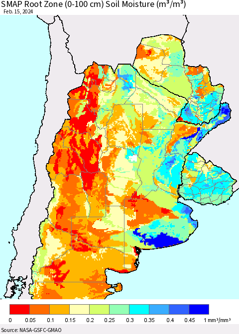Southern South America SMAP Root Zone (0-100 cm) Soil Moisture (m³/m³) Thematic Map For 2/11/2024 - 2/15/2024