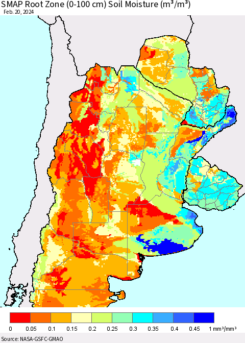 Southern South America SMAP Root Zone (0-100 cm) Soil Moisture (m³/m³) Thematic Map For 2/16/2024 - 2/20/2024