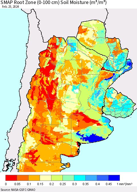 Southern South America SMAP Root Zone (0-100 cm) Soil Moisture (m³/m³) Thematic Map For 2/21/2024 - 2/25/2024