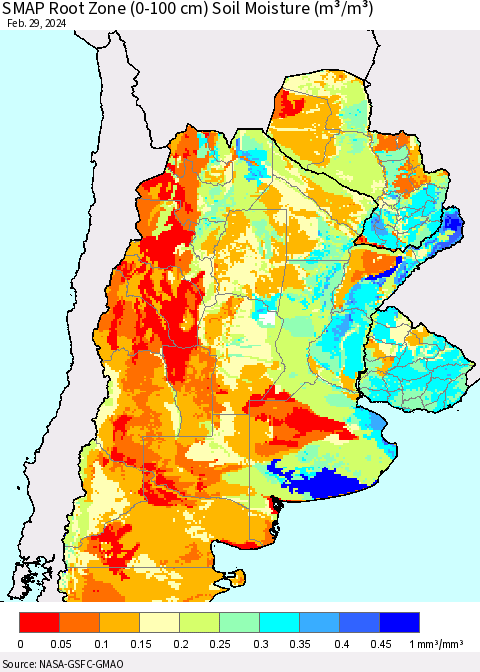 Southern South America SMAP Root Zone (0-100 cm) Soil Moisture (m³/m³) Thematic Map For 2/26/2024 - 2/29/2024