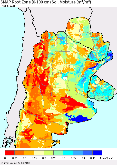 Southern South America SMAP Root Zone (0-100 cm) Soil Moisture (m³/m³) Thematic Map For 3/1/2024 - 3/5/2024