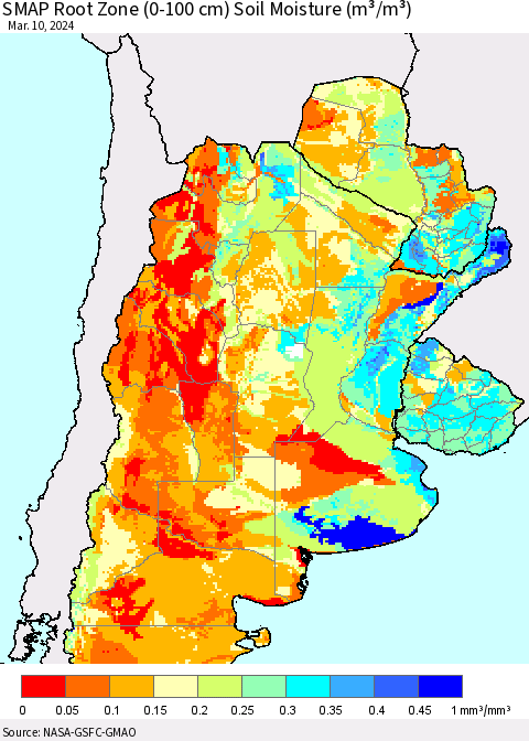 Southern South America SMAP Root Zone (0-100 cm) Soil Moisture (m³/m³) Thematic Map For 3/6/2024 - 3/10/2024