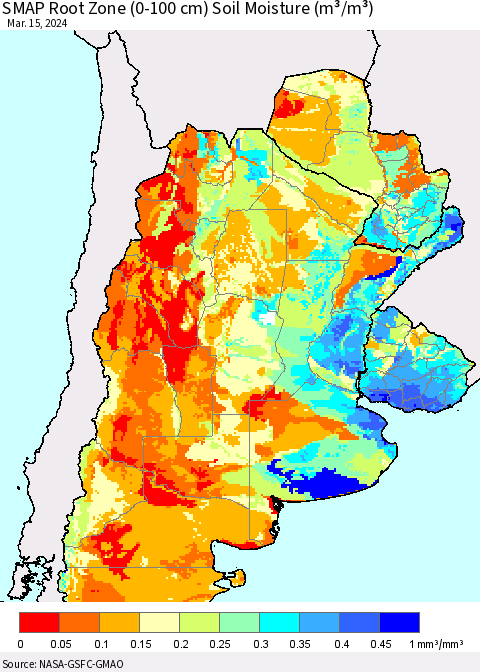 Southern South America SMAP Root Zone (0-100 cm) Soil Moisture (m³/m³) Thematic Map For 3/11/2024 - 3/15/2024