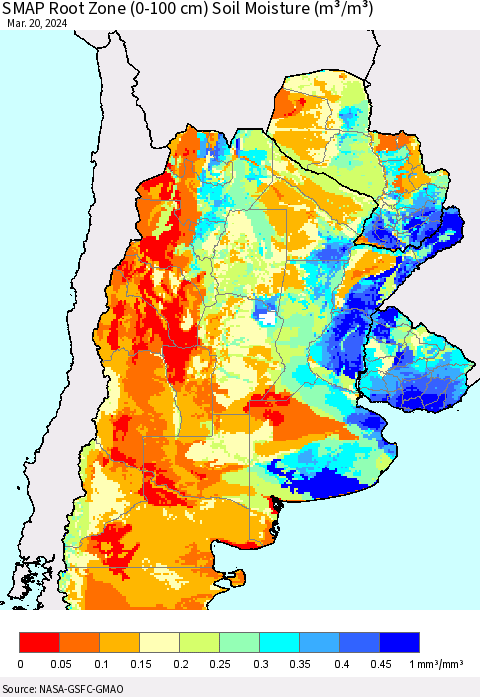 Southern South America SMAP Root Zone (0-100 cm) Soil Moisture (m³/m³) Thematic Map For 3/16/2024 - 3/20/2024
