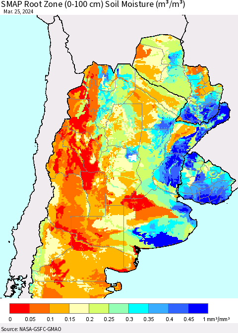 Southern South America SMAP Root Zone (0-100 cm) Soil Moisture (m³/m³) Thematic Map For 3/21/2024 - 3/25/2024