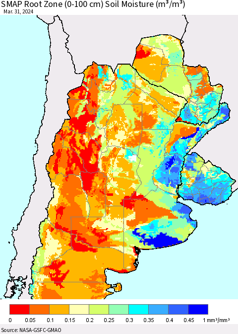 Southern South America SMAP Root Zone (0-100 cm) Soil Moisture (m³/m³) Thematic Map For 3/26/2024 - 3/31/2024