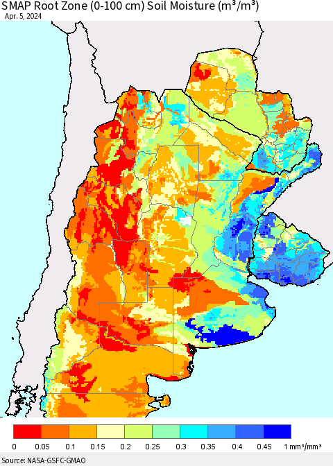 Southern South America SMAP Root Zone (0-100 cm) Soil Moisture (m³/m³) Thematic Map For 4/1/2024 - 4/5/2024