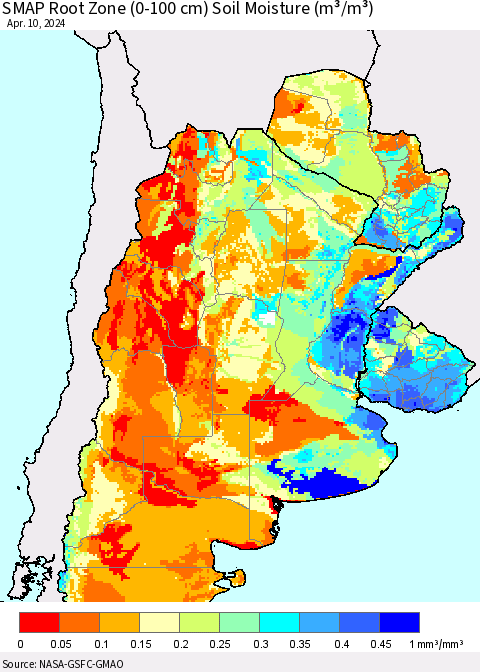 Southern South America SMAP Root Zone (0-100 cm) Soil Moisture (m³/m³) Thematic Map For 4/6/2024 - 4/10/2024