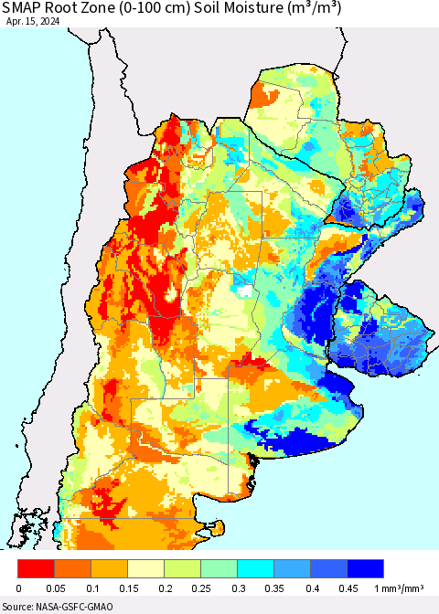 Southern South America SMAP Root Zone (0-100 cm) Soil Moisture (m³/m³) Thematic Map For 4/11/2024 - 4/15/2024
