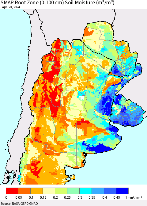 Southern South America SMAP Root Zone (0-100 cm) Soil Moisture (m³/m³) Thematic Map For 4/16/2024 - 4/20/2024